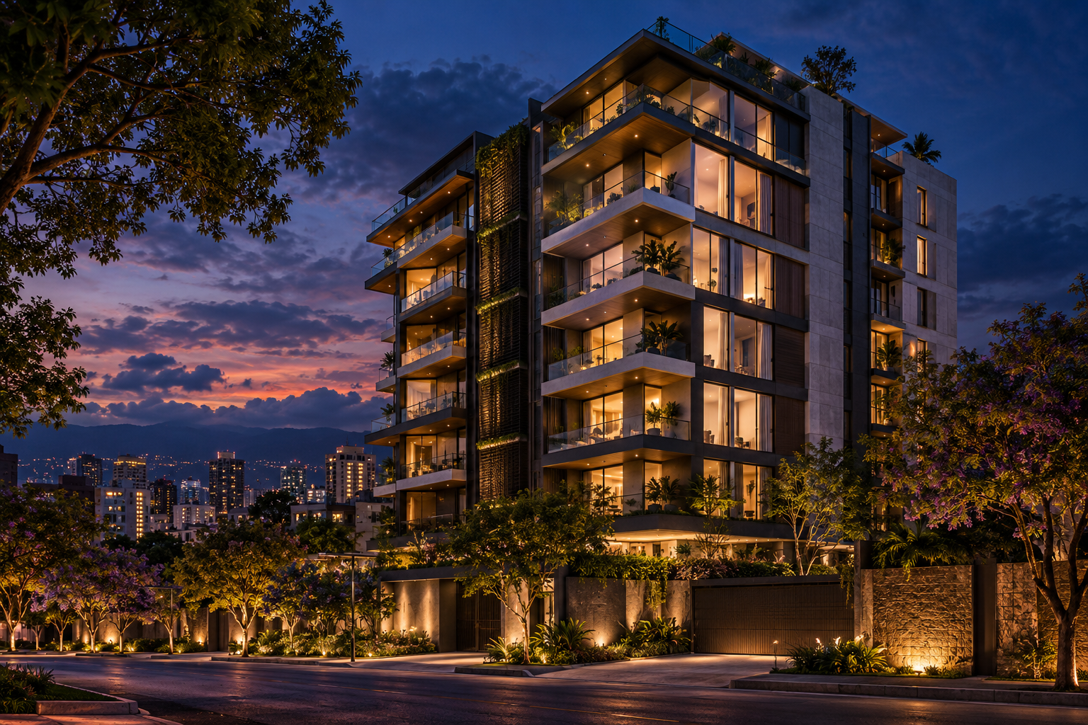 Edificio residencial contemporáneo iluminado al atardecer